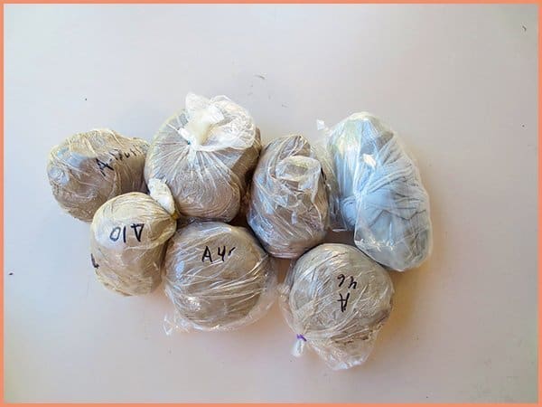 a picture of recycled clay balls in plastic bags