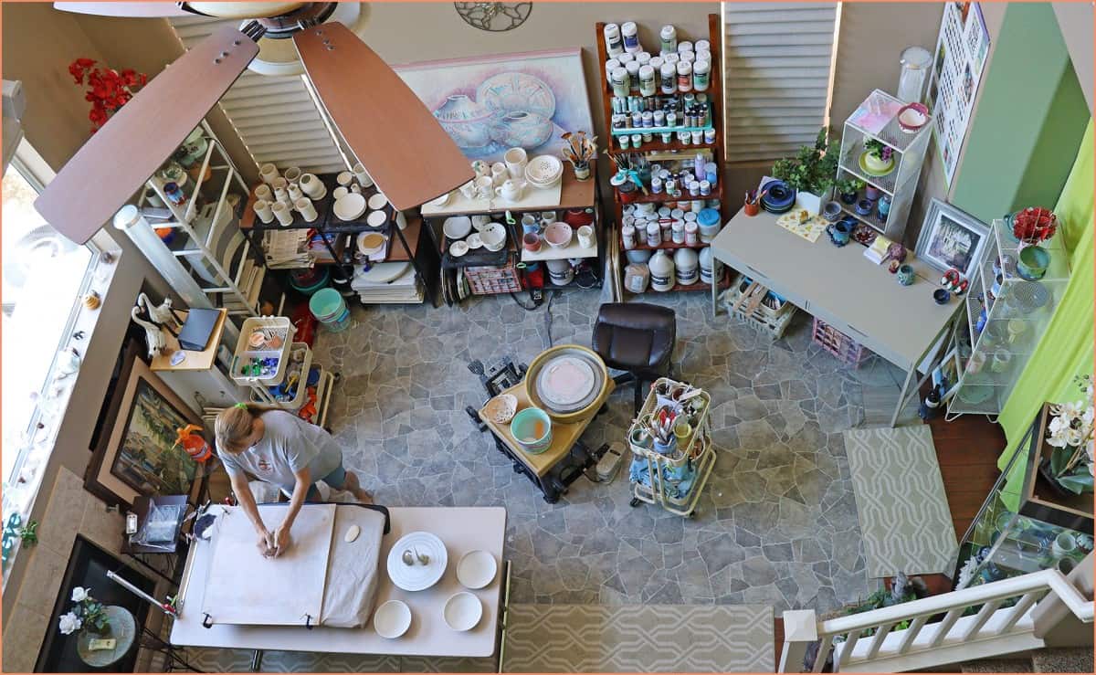 a picture of an overhead pottery studio view