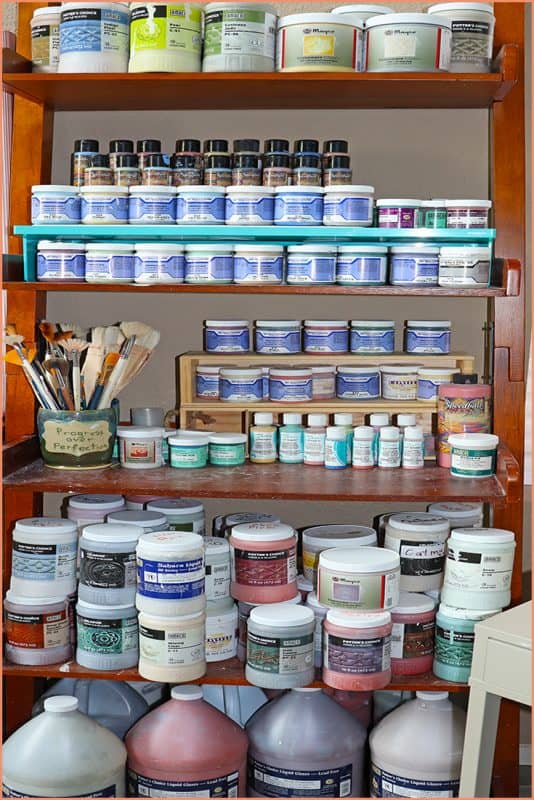 a picture of a shelf full of Glazes and Underglazes 