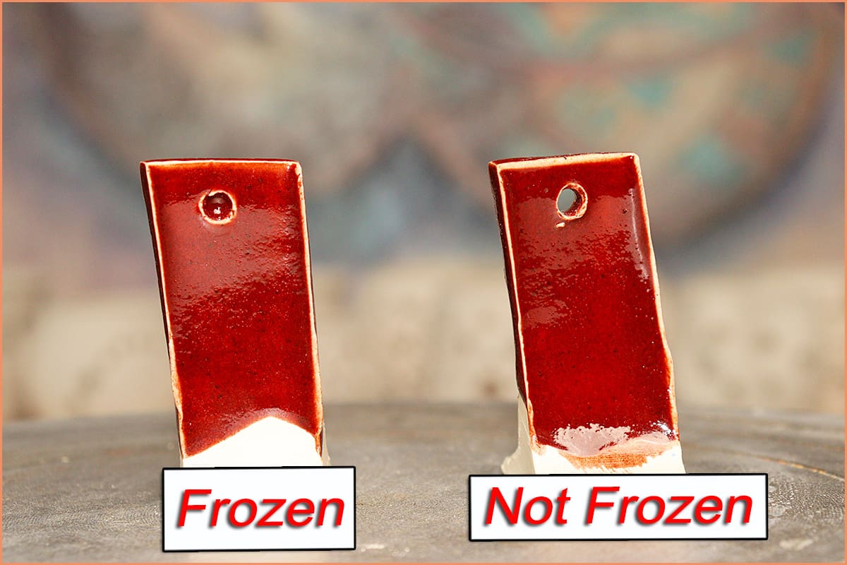 an image of amaco deep firebrick glaze test tile frozen on the left and not frozen on the right