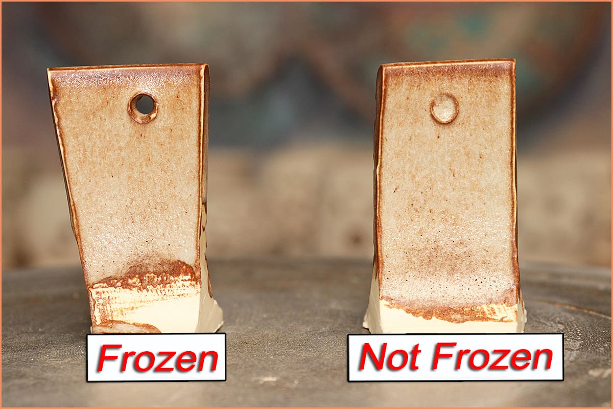an image of coyote sandstone glaze test tile frozen on the left and not frozen on the right