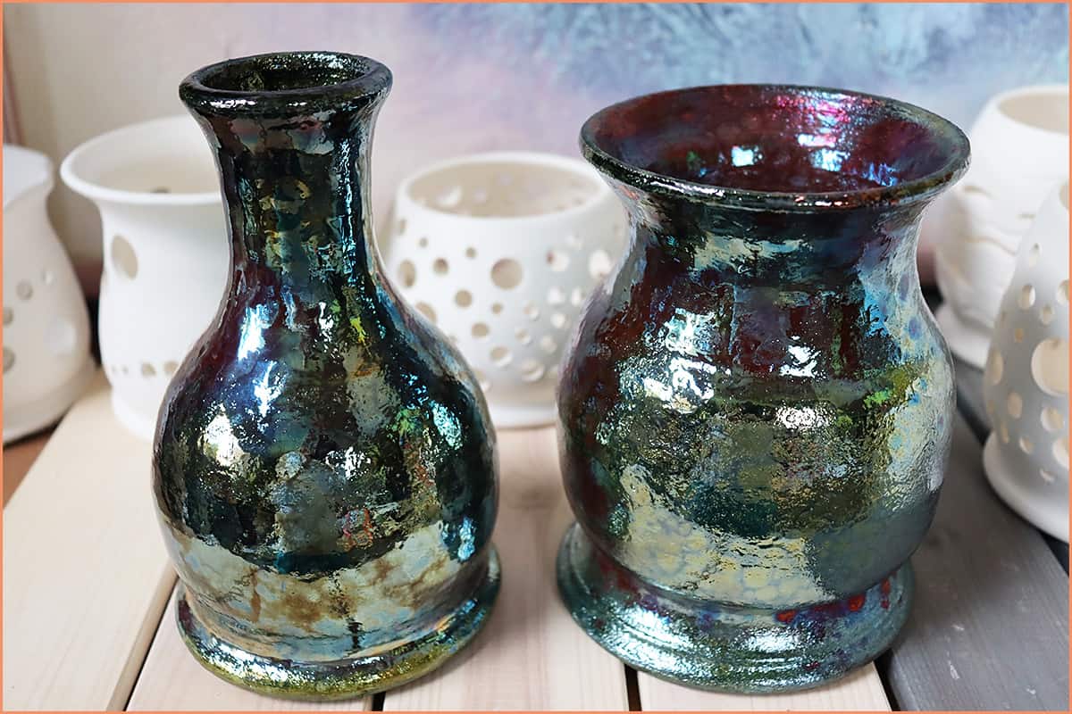an image of two raku vases christmas foil raku glaze