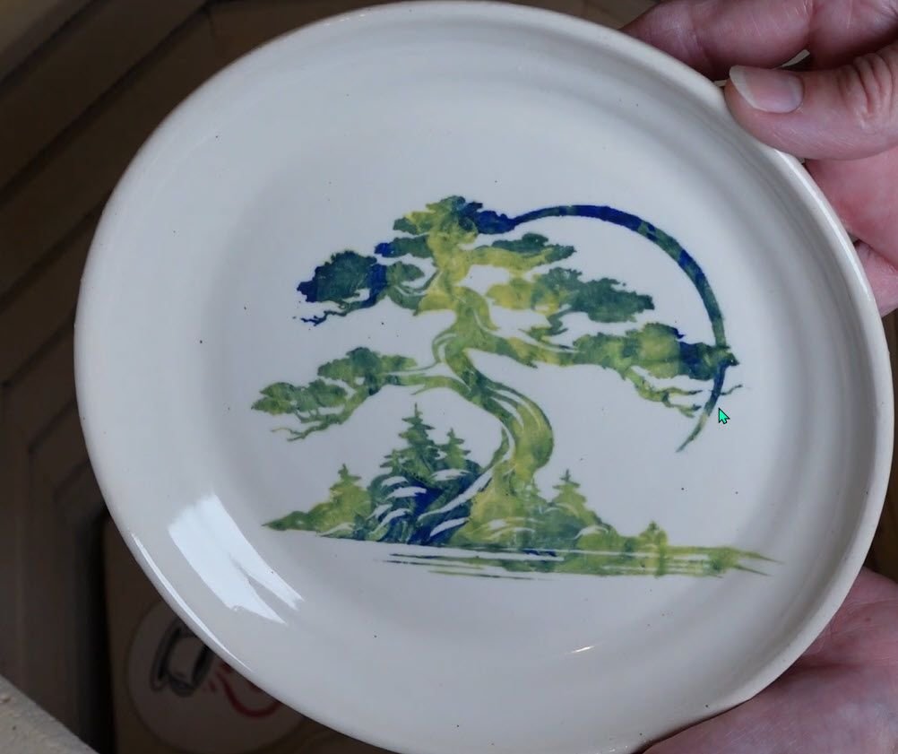 Applying Underglaze on Greenware vs Bisqueware - Which Is Best a picture of a silk screen tree plate made with underglaze