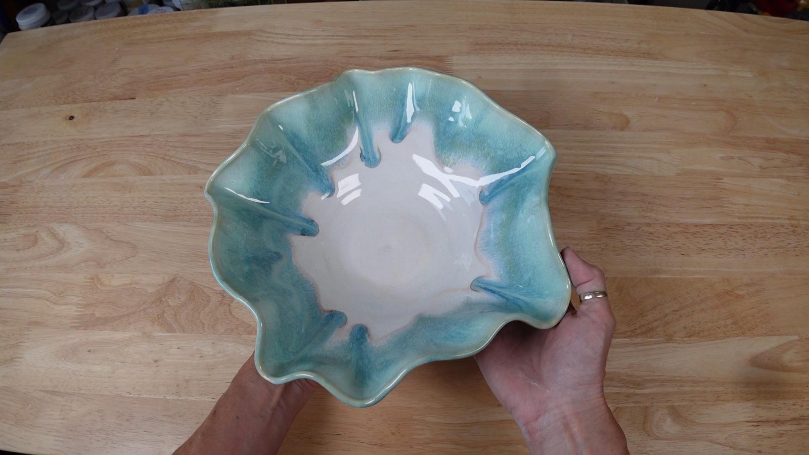 Best Glazes a wavy bowl with Amaco Honey Flux and textured turquoise glaze