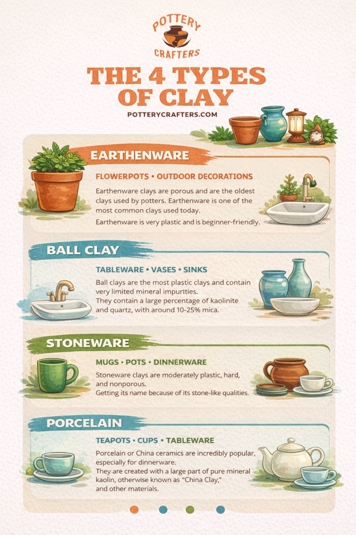 What Are the Four Types of Clay? an infographic showing information for The Four Types Of Pottery Clay, Earthenware, Ball Clay, Stoneware, and Porcelain