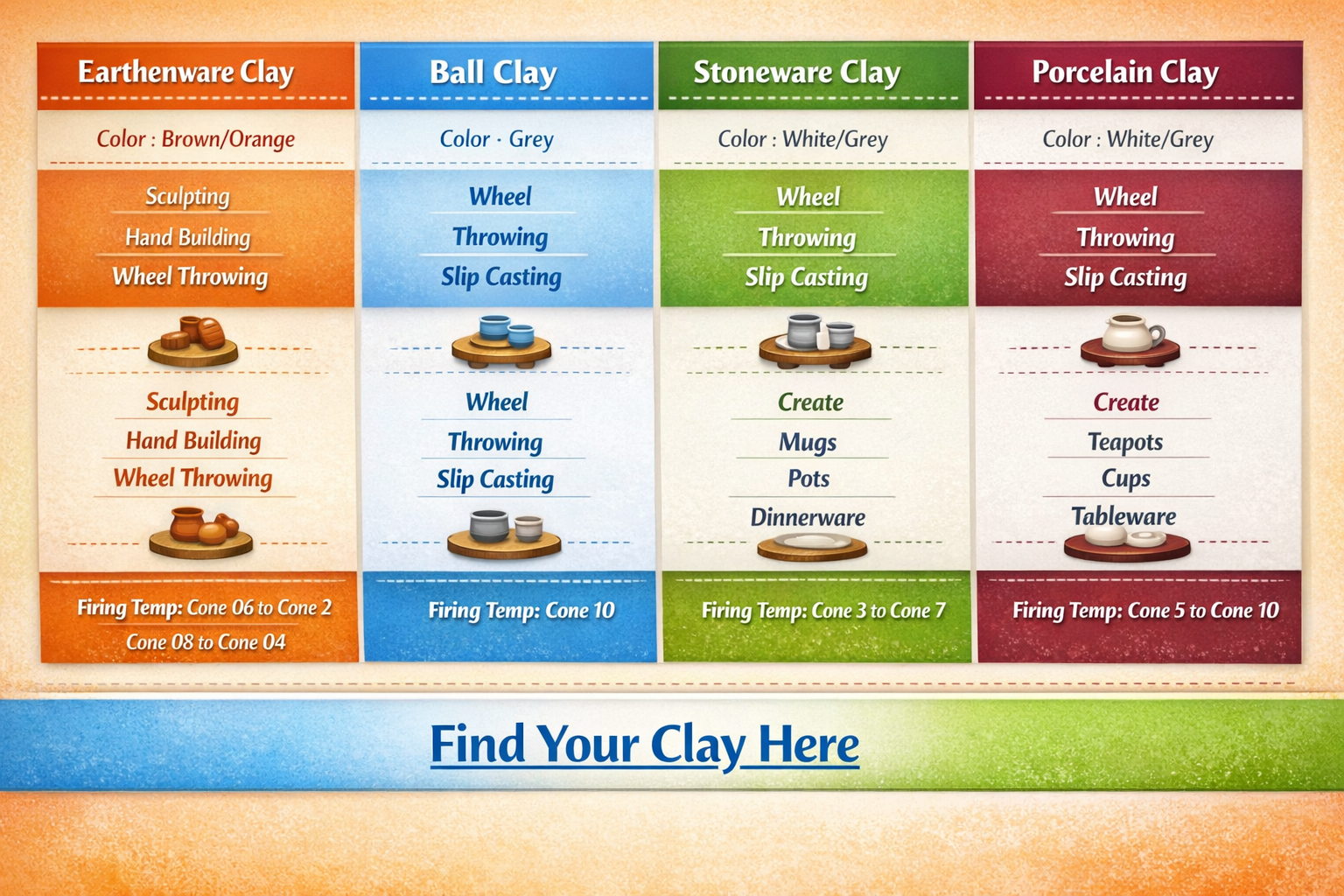 What Are the Four Types of Clay? an infographic with affiliate links for the purchase of The Four Types Of Pottery Clay